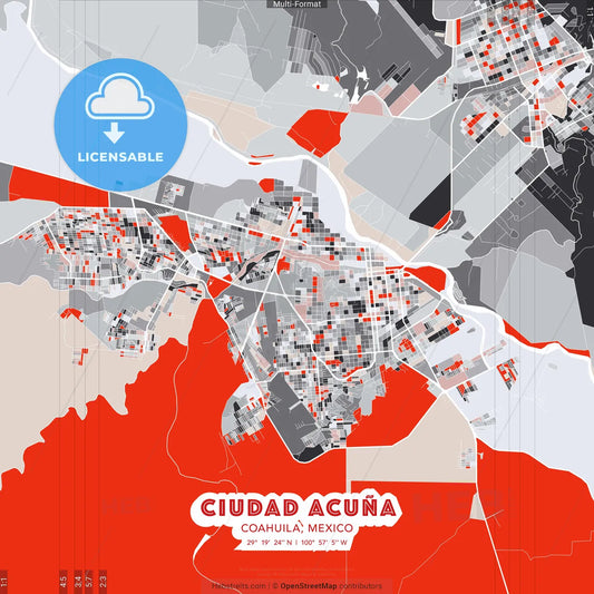 Ciudad Acuña, Coahuila, Mexico - modern street map poster template with gray and red tones