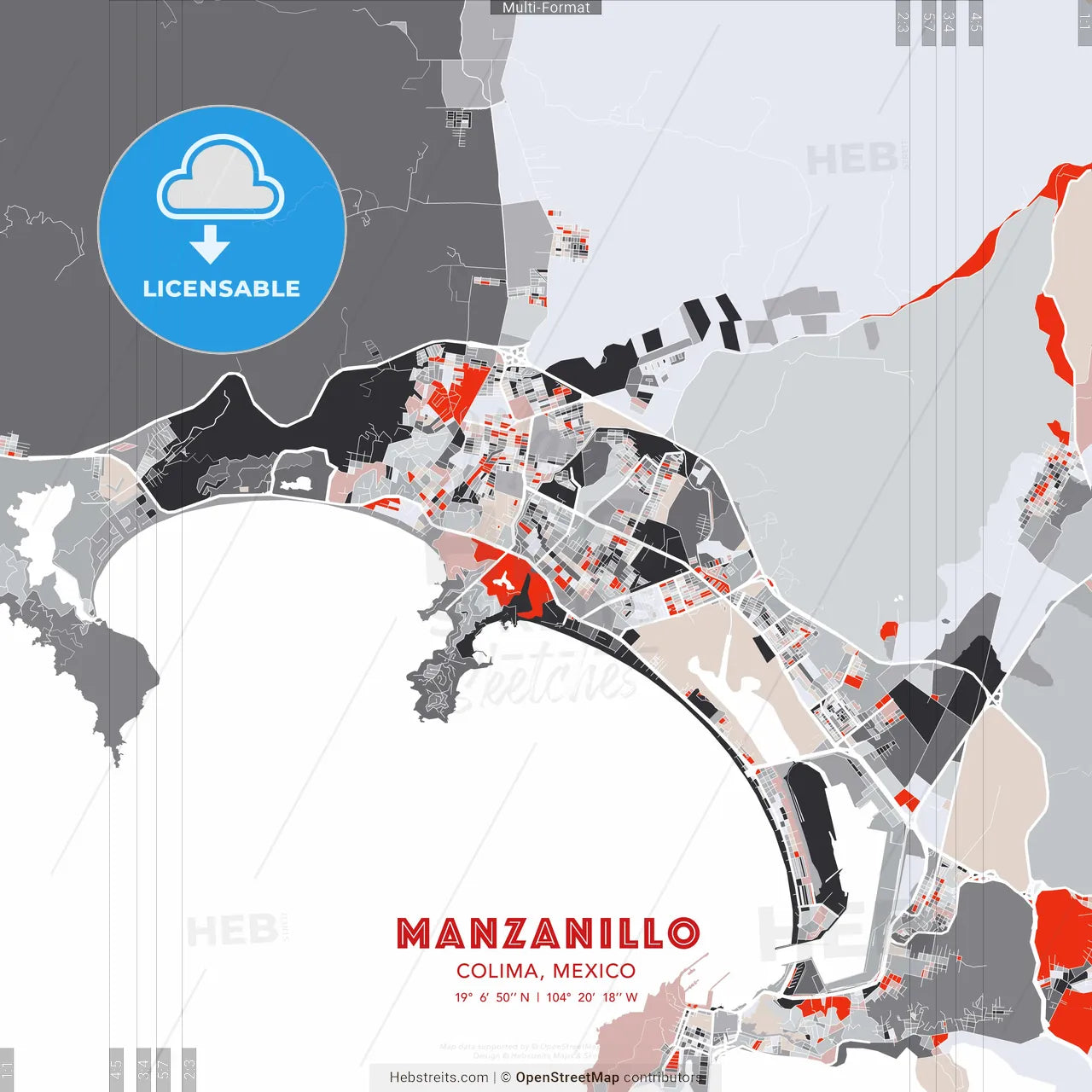 Manzanillo, Colima, Mexico - modern street map poster template with gray and red tones