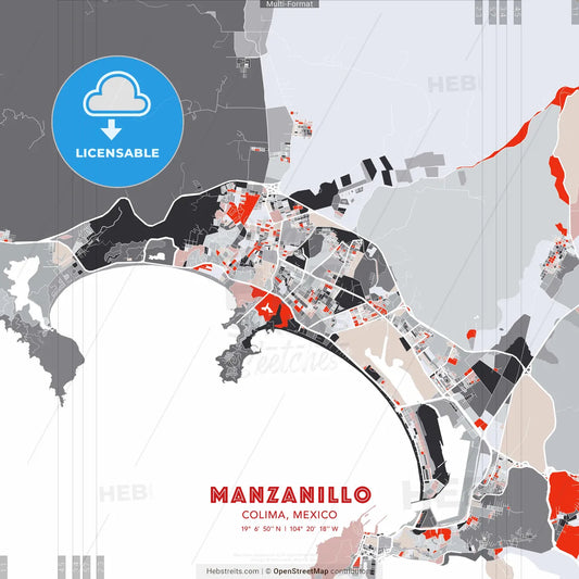 Manzanillo, Colima, Mexico - modern street map poster template with gray and red tones