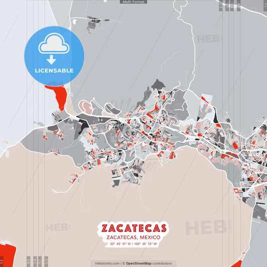 Zacatecas, Zacatecas, Mexico - modern street map poster template with gray and red tones