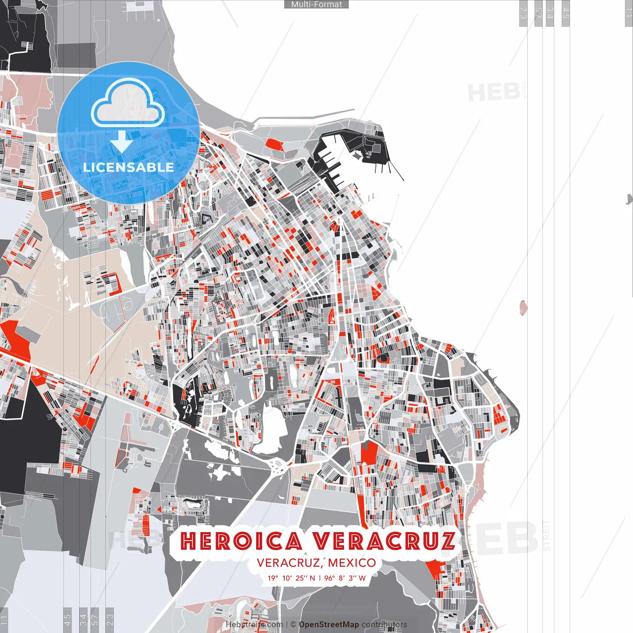 Heroica Veracruz, Veracruz, Mexico - modern street map poster template with gray and red tones