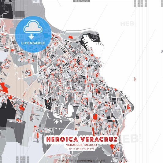 Heroica Veracruz, Veracruz, Mexico - modern street map poster template with gray and red tones