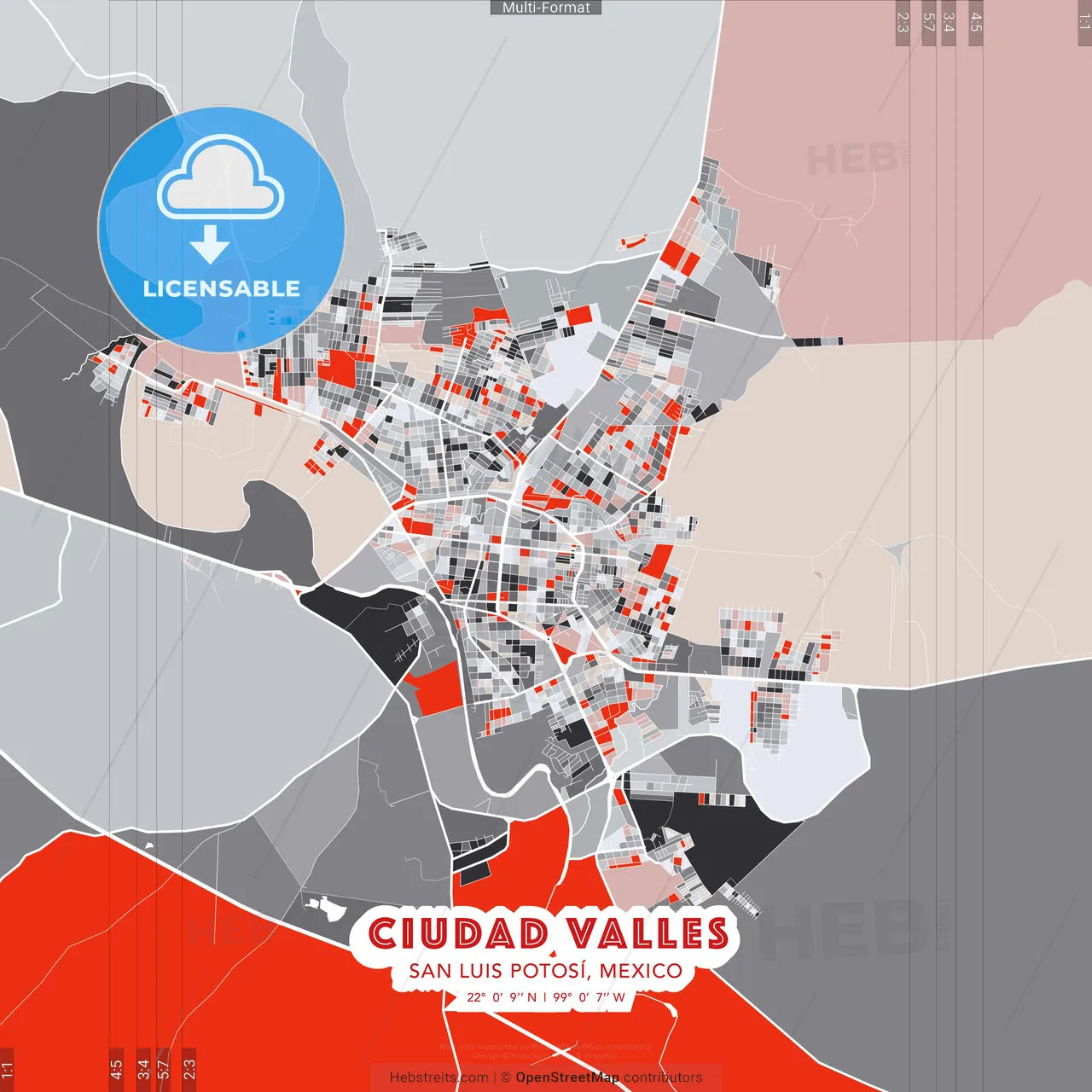 Ciudad Valles, San Luis Potosí, Mexico - modern street map poster template with gray and red tones