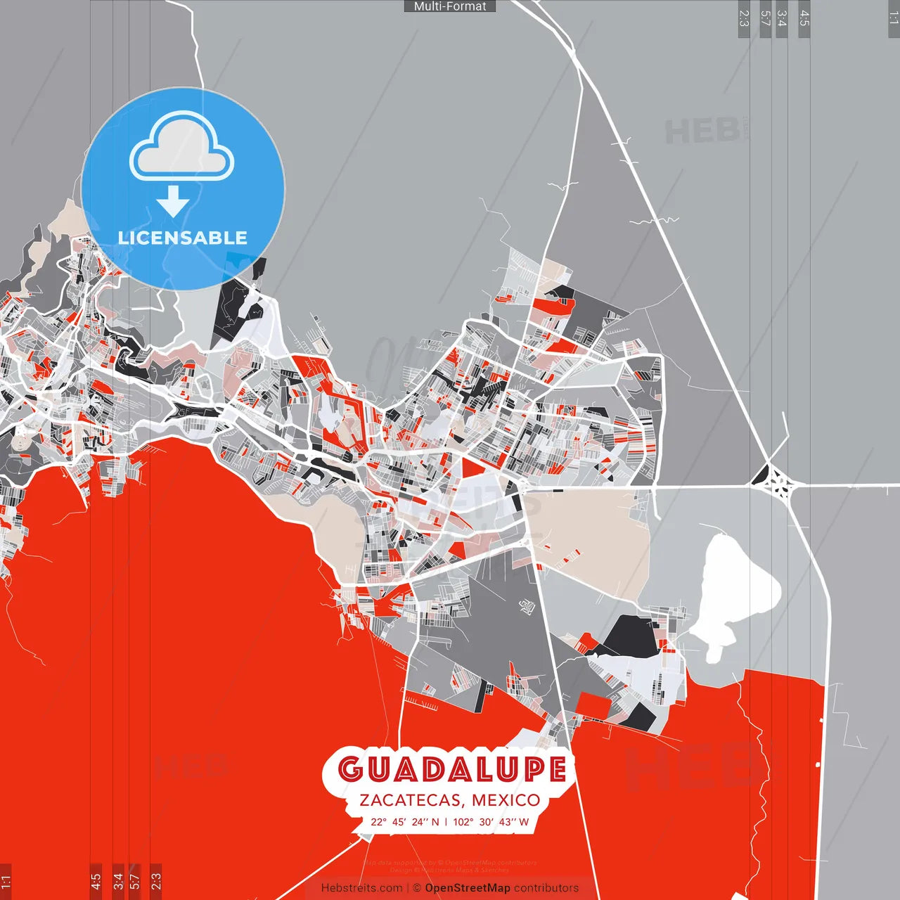 Guadalupe, Zacatecas, Mexico - modern street map poster template with gray and red tones
