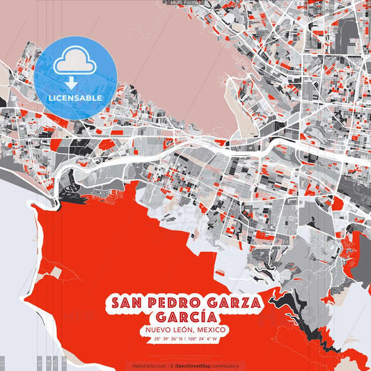 San Pedro Garza García, Nuevo León, Mexico - modern street map poster template with gray and red tones