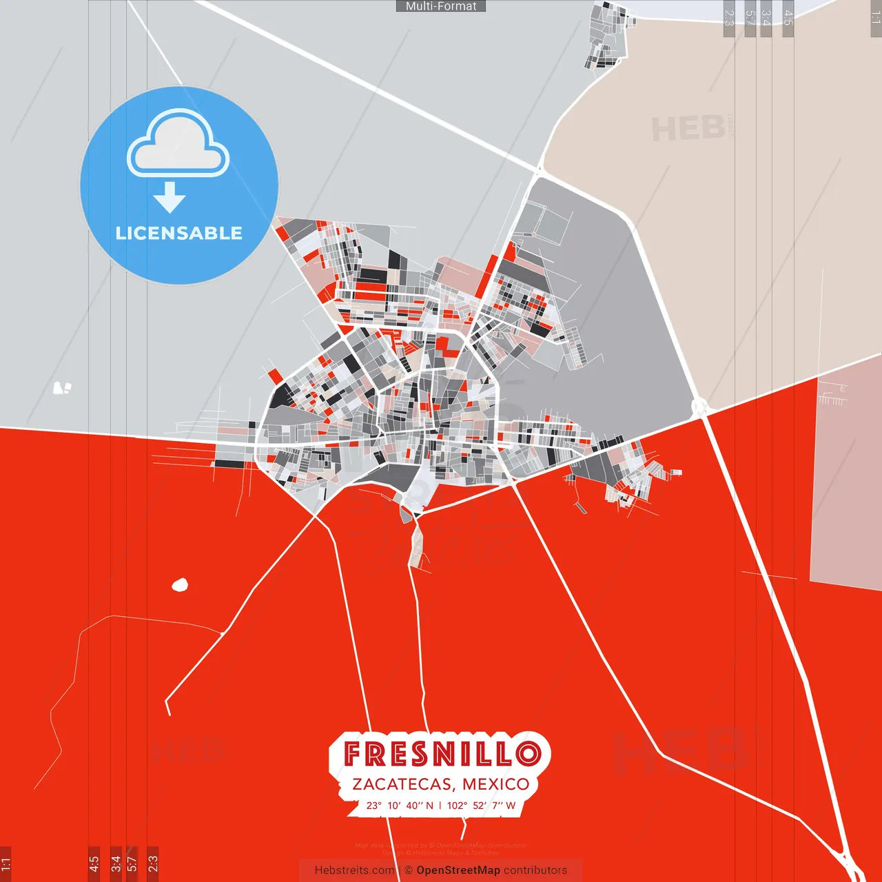 Fresnillo, Zacatecas, Mexico - modern street map poster template with gray and red tones