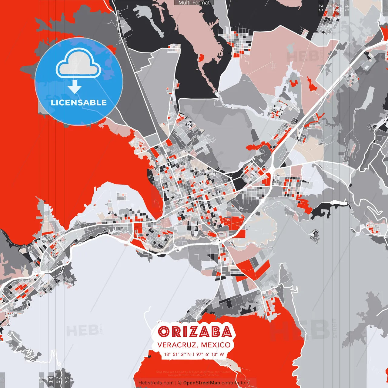 Orizaba, Veracruz, Mexico - modern street map poster template with gray and red tones