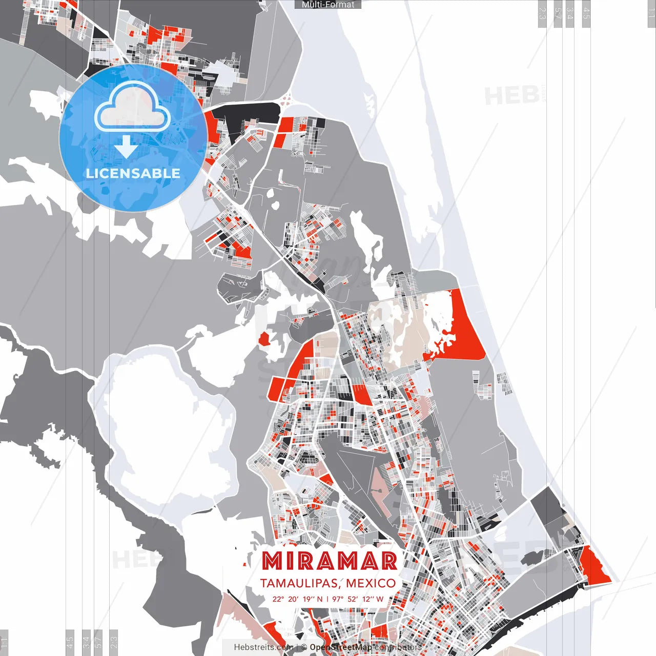 Miramar, Tamaulipas, Mexico - modern street map poster template with gray and red tones