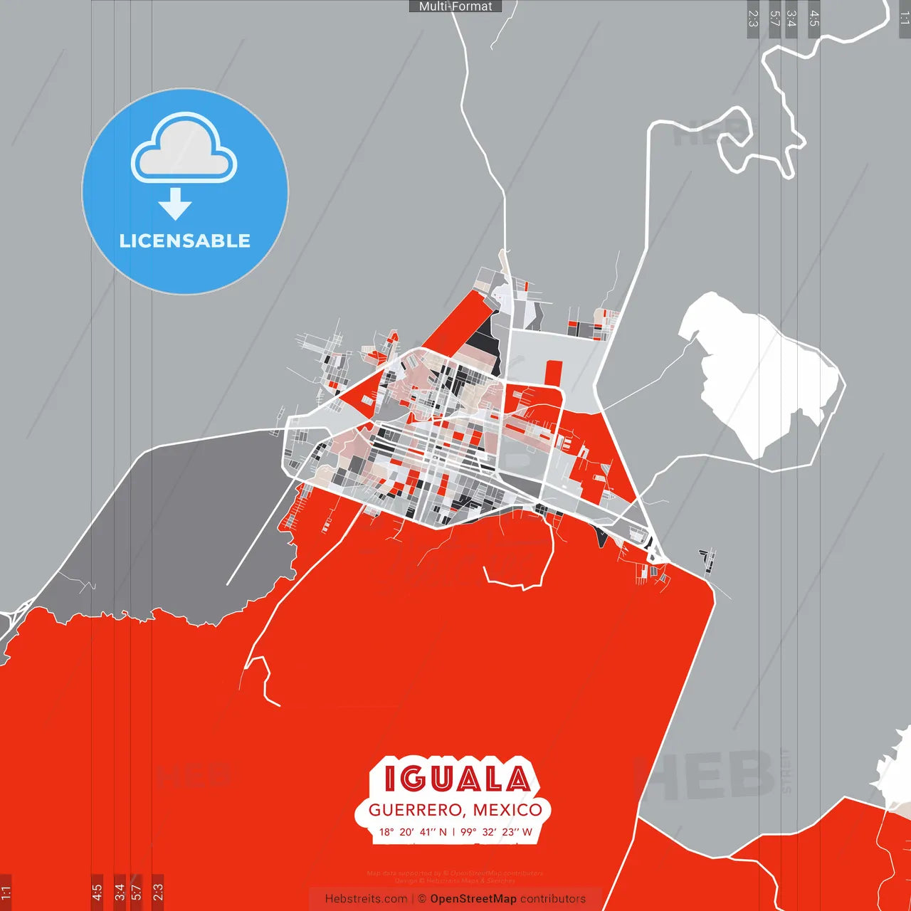 Iguala, Guerrero, Mexico - modern street map poster template with gray and red tones