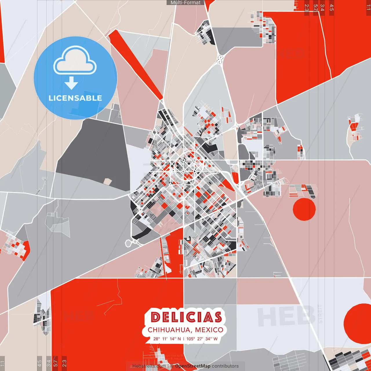Delicias, Chihuahua, Mexico - modern street map poster template with gray and red tones