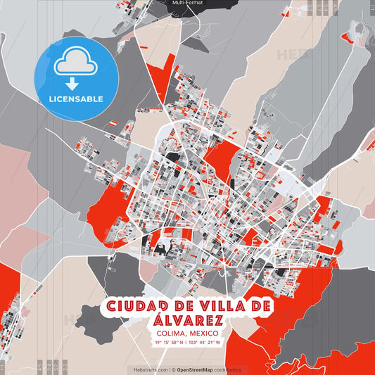 Ciudad de Villa de Álvarez, Colima, Mexico - modern street map poster template with gray and red tones