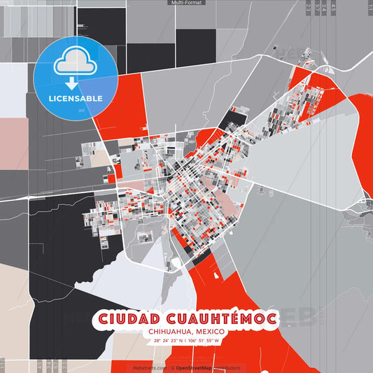 Ciudad Cuauhtémoc, Chihuahua, Mexico - modern street map poster template with gray and red tones