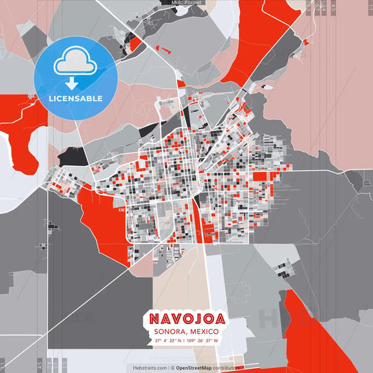 Navojoa, Sonora, Mexico - modern street map poster template with gray and red tones