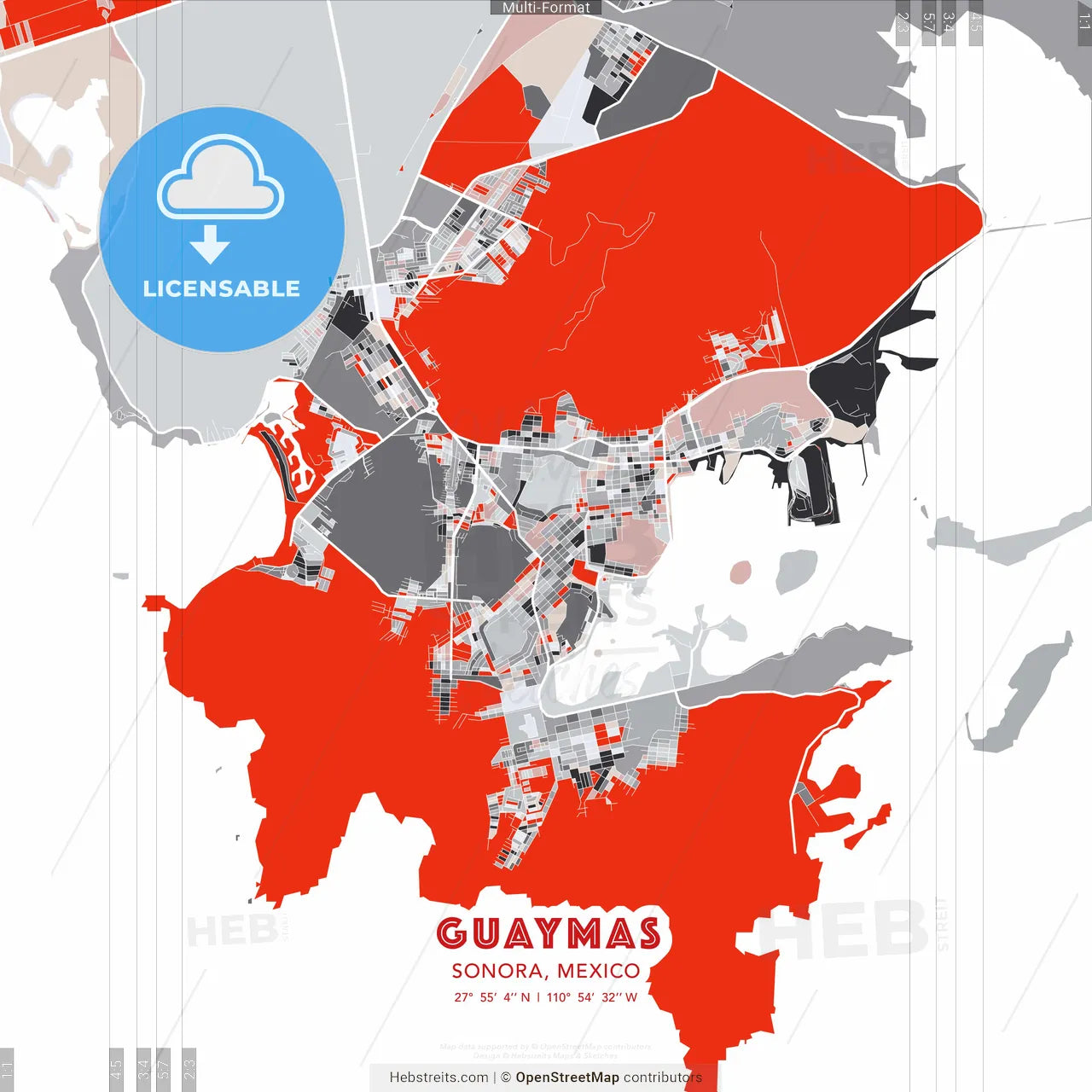 Guaymas, Sonora, Mexico - modern street map poster template with gray and red tones