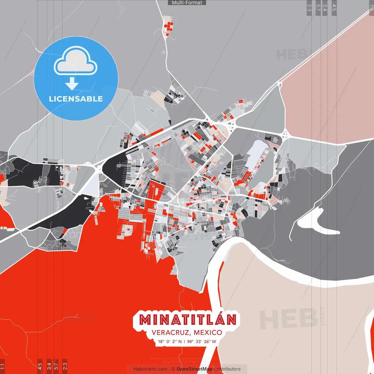 Minatitlán, Veracruz, Mexico - modern street map poster template with gray and red tones