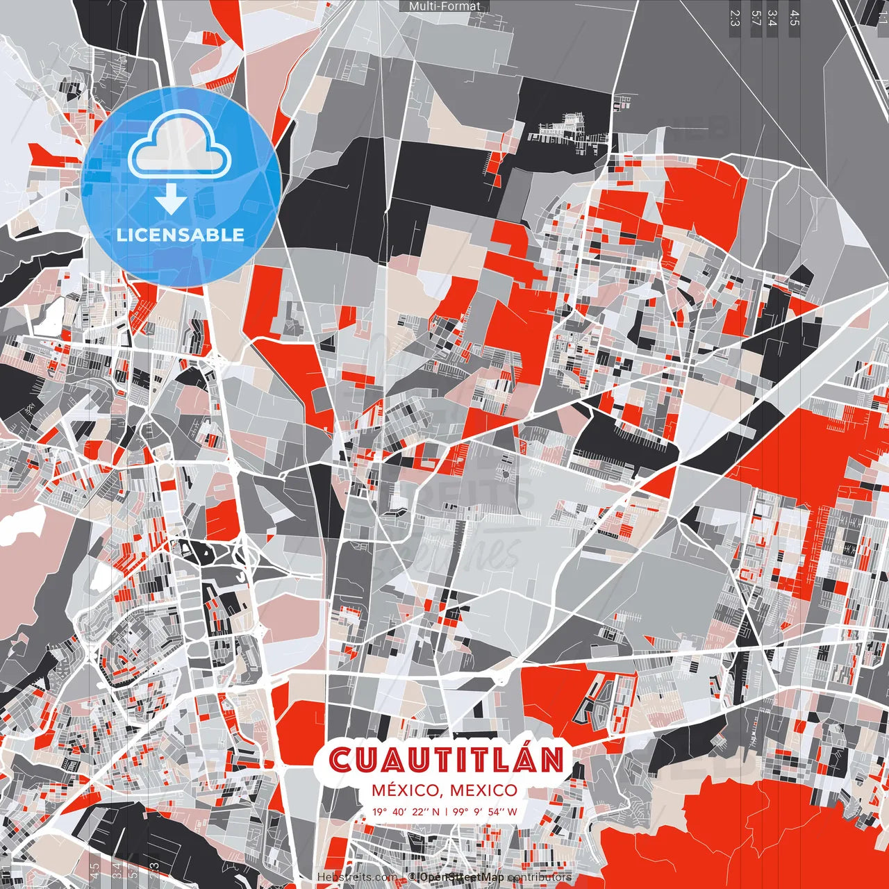 Cuautitlán, México, Mexico - modern street map poster template with gray and red tones
