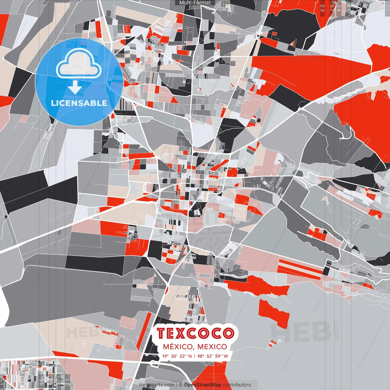 Texcoco, México, Mexico - modern street map poster template with gray and red tones