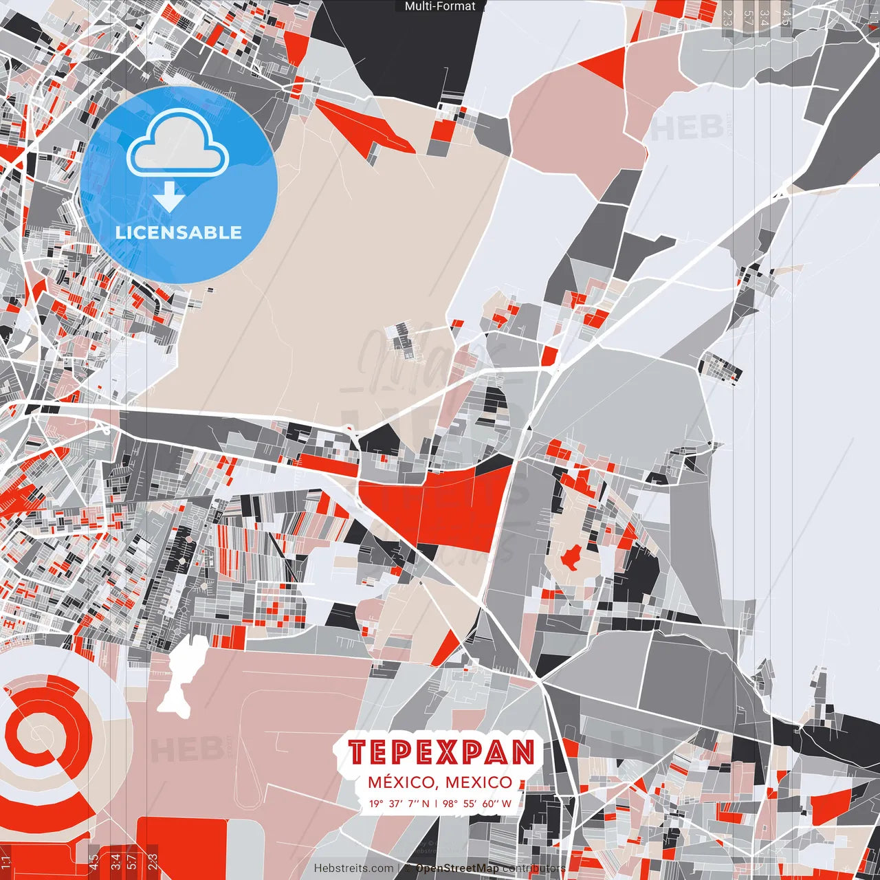 Tepexpan, México, Mexico - modern street map poster template with gray and red tones