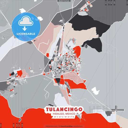Tulancingo, Hidalgo, Mexico - modern street map poster template with gray and red tones
