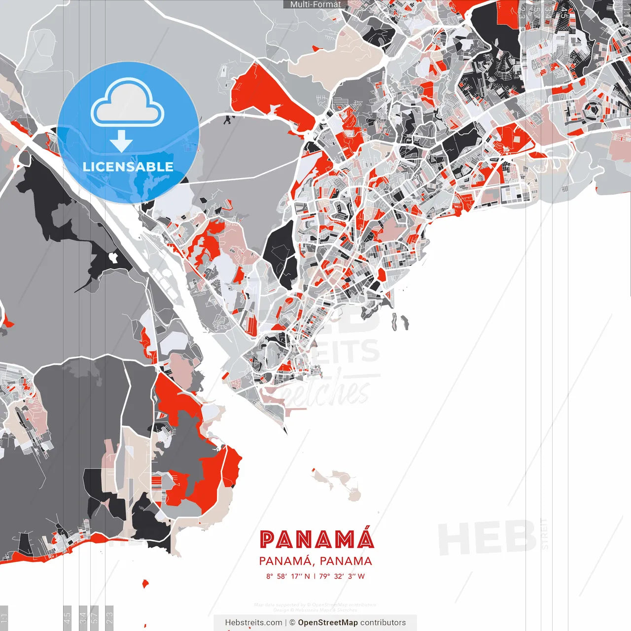 Panamá, Panamá, Panama - modern street map poster template with gray and red tones