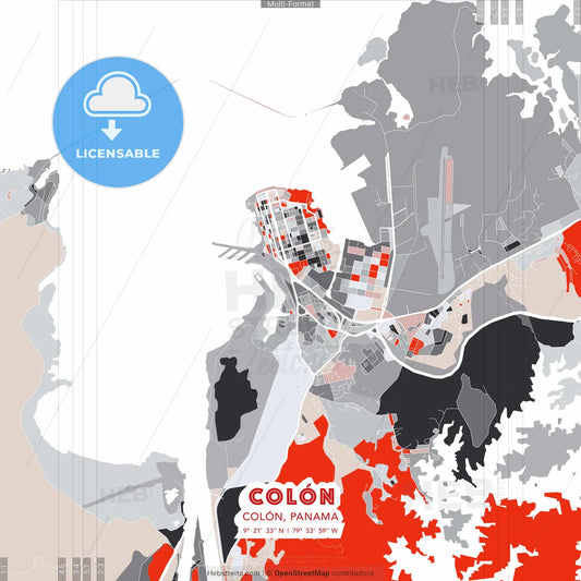 Colón, Colón, Panama - modern street map poster template with gray and red tones