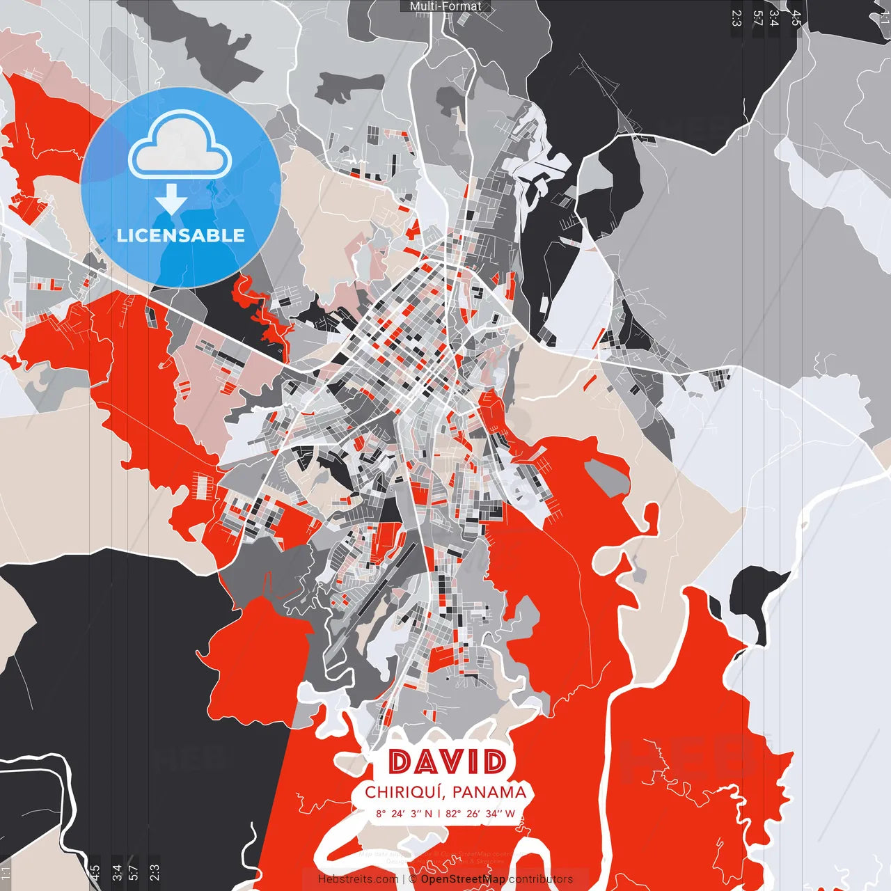 David, Chiriquí, Panama - modern street map poster template with gray and red tones