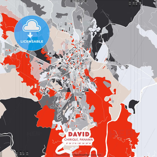 David, Chiriquí, Panama - modern street map poster template with gray and red tones