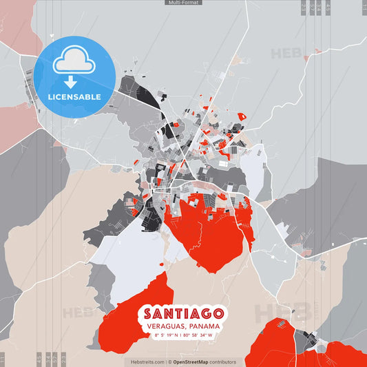 Santiago, Veraguas, Panama - modern street map poster template with gray and red tones