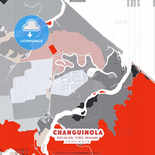 Changuinola, Bocas del Toro, Panama - modern street map poster template with gray and red tones
