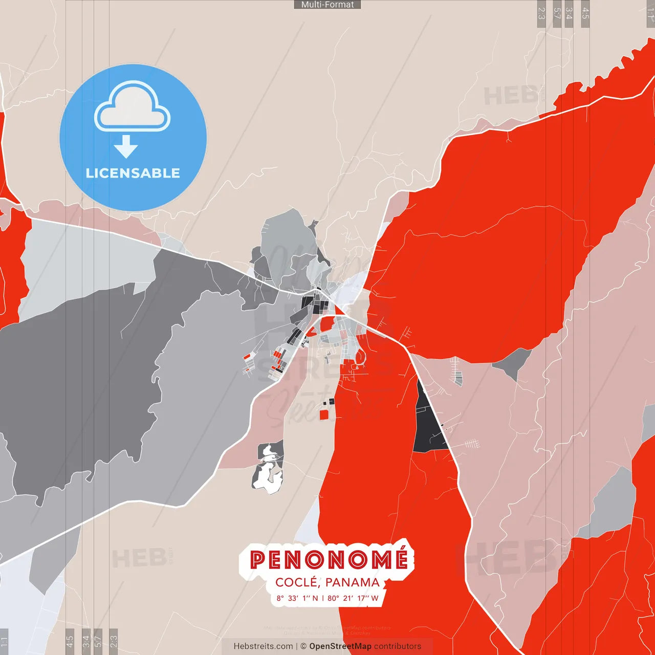 Penonomé, Coclé, Panama - modern street map poster template with gray and red tones