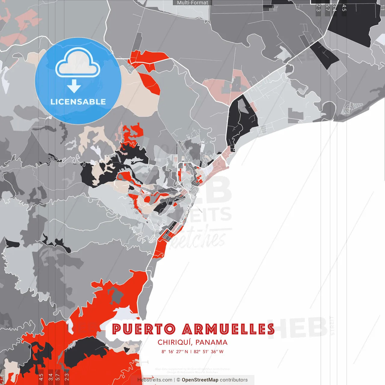 Puerto Armuelles, Chiriquí, Panama - modern street map poster template with gray and red tones