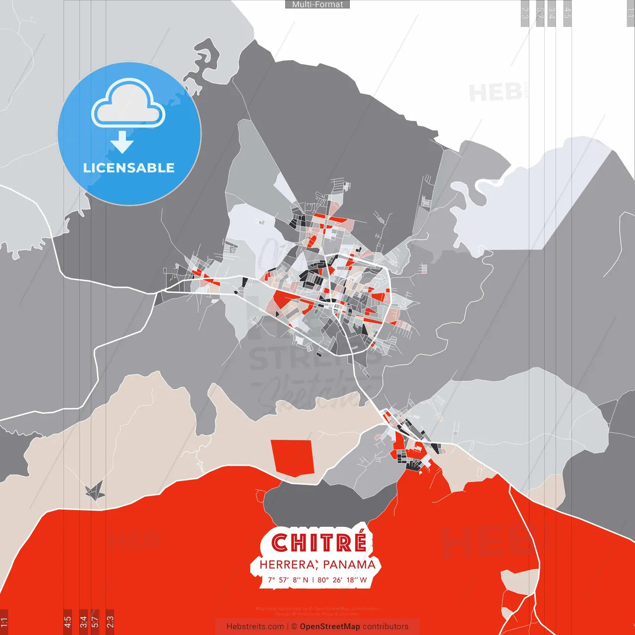 Chitré, Herrera, Panama - modern street map poster template with gray and red tones