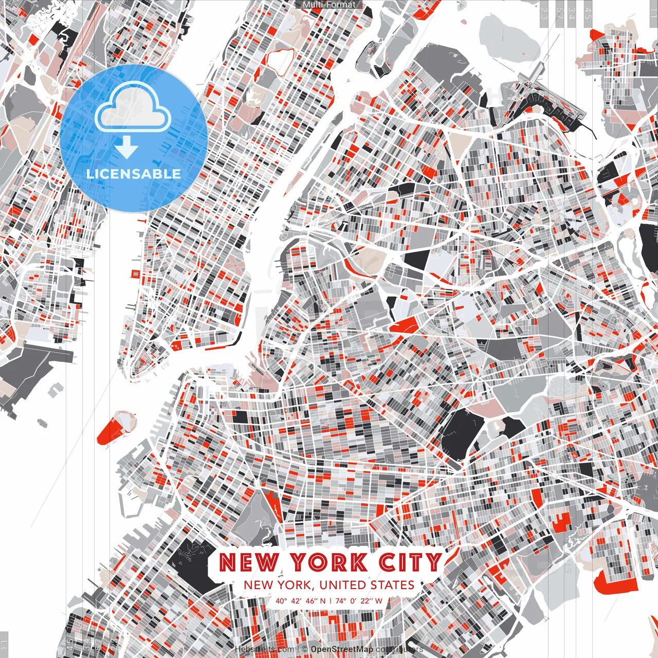 New York City, New York, United States - modern street map poster template with gray and red tones