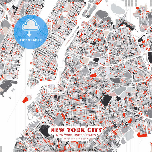 New York City, New York, United States - modern street map poster template with gray and red tones