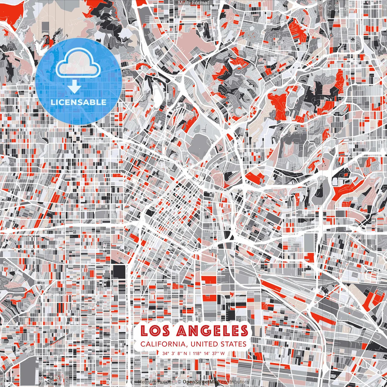 Los Angeles, California, United States - modern street map poster template with gray and red tones