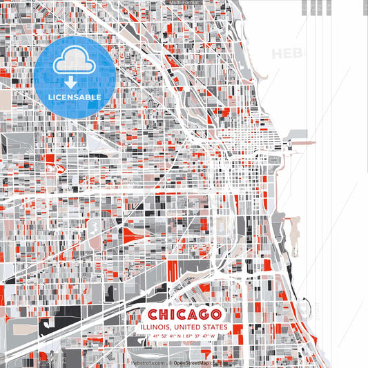 Chicago, Illinois, United States - modern street map poster template with gray and red tones
