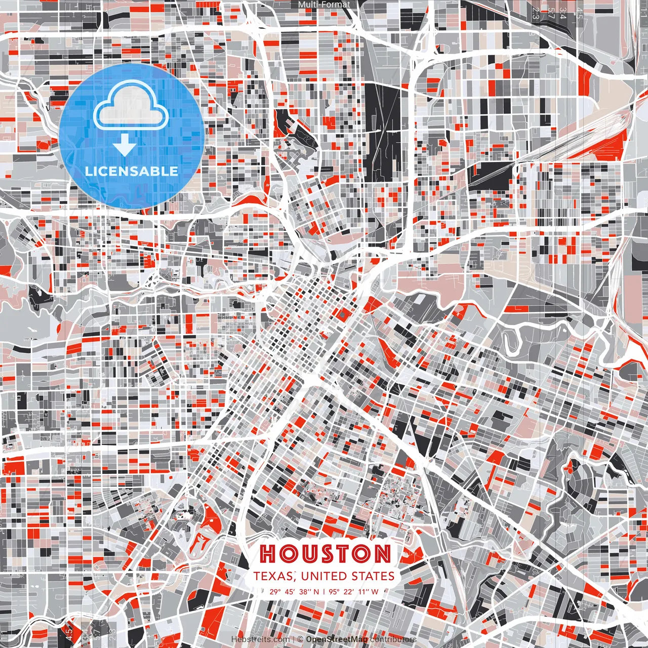 Houston, Texas, United States - modern street map poster template with gray and red tones