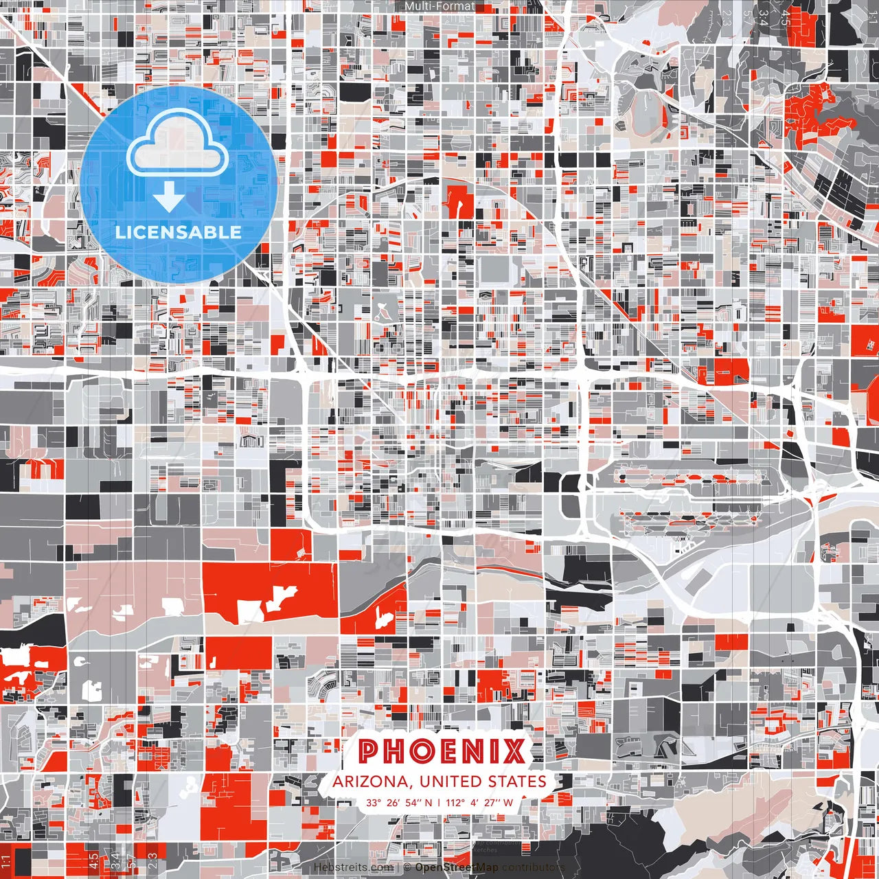 Phoenix, Arizona, United States - modern street map poster template with gray and red tones