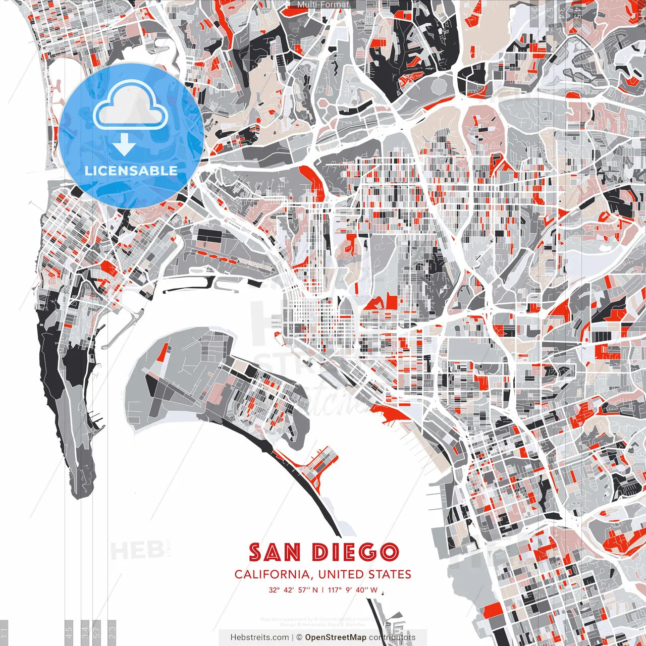 San Diego, California, United States - modern street map poster template with gray and red tones