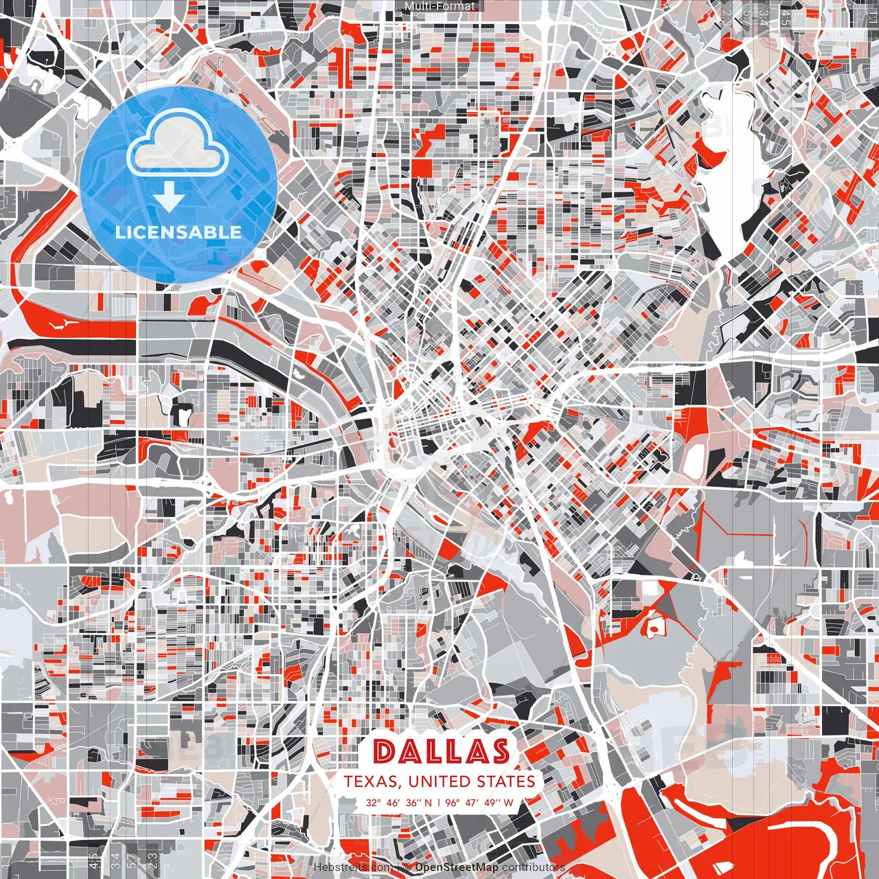 Dallas, Texas, United States - modern street map poster template with gray and red tones