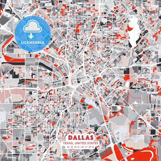 Dallas, Texas, United States - modern street map poster template with gray and red tones