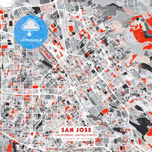 San Jose, California, United States - modern street map poster template with gray and red tones