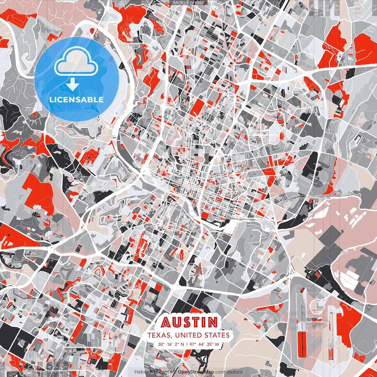 Austin, Texas, United States - modern street map poster template with gray and red tones