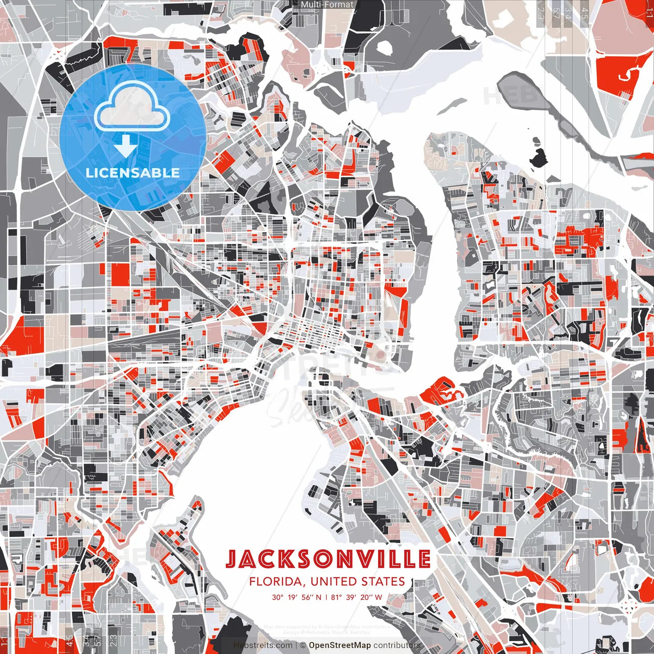 Jacksonville, Florida, United States - modern street map poster template with gray and red tones