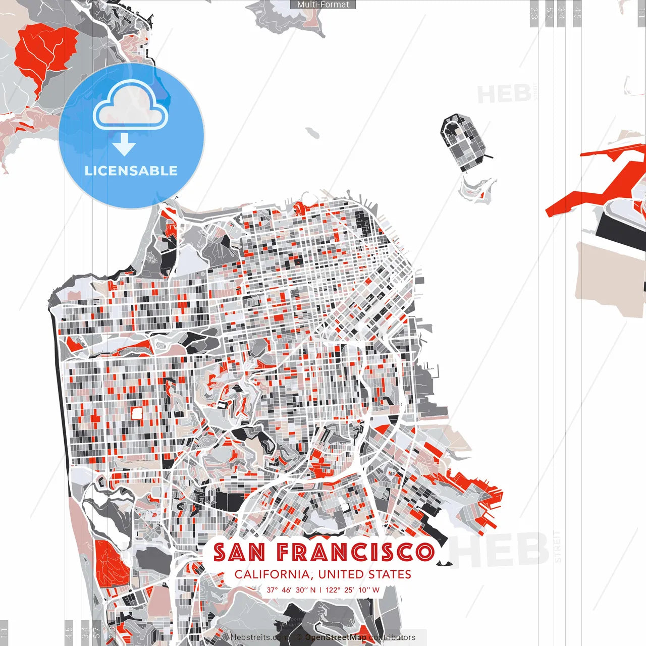 San Francisco, California, United States - modern street map poster template with gray and red tones