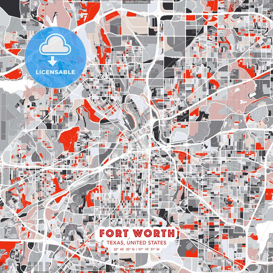 Fort Worth, Texas, United States - modern street map poster template with gray and red tones