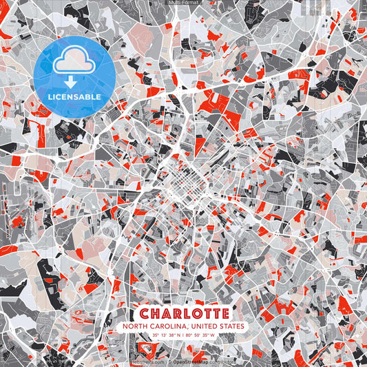 Charlotte, North Carolina, United States - modern street map poster template with gray and red tones