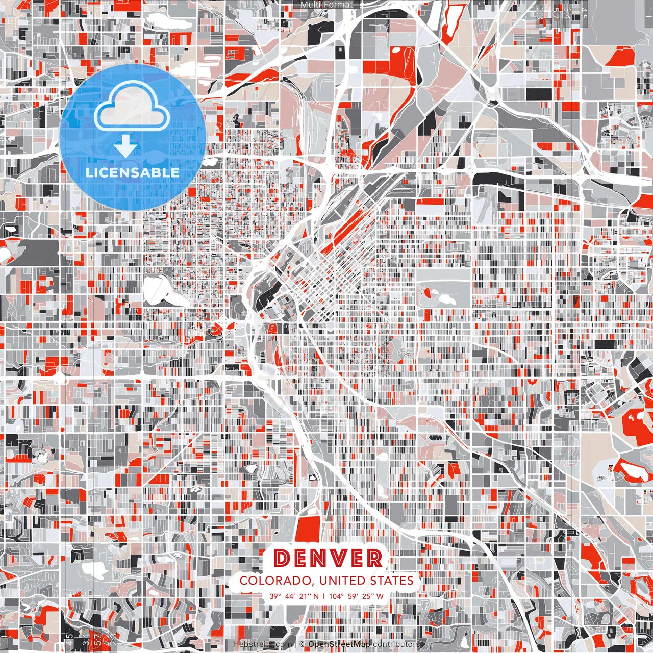 Denver, Colorado, United States - modern street map poster template with gray and red tones