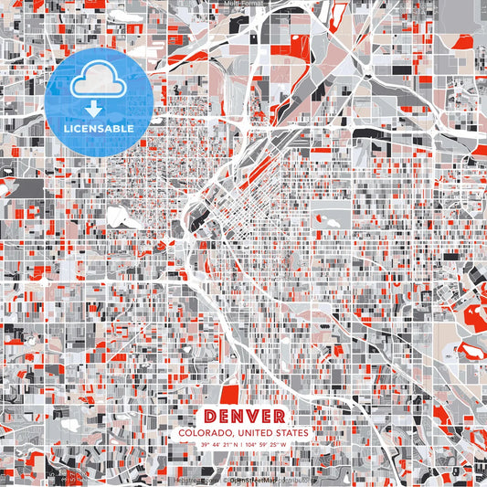 Denver, Colorado, United States - modern street map poster template with gray and red tones