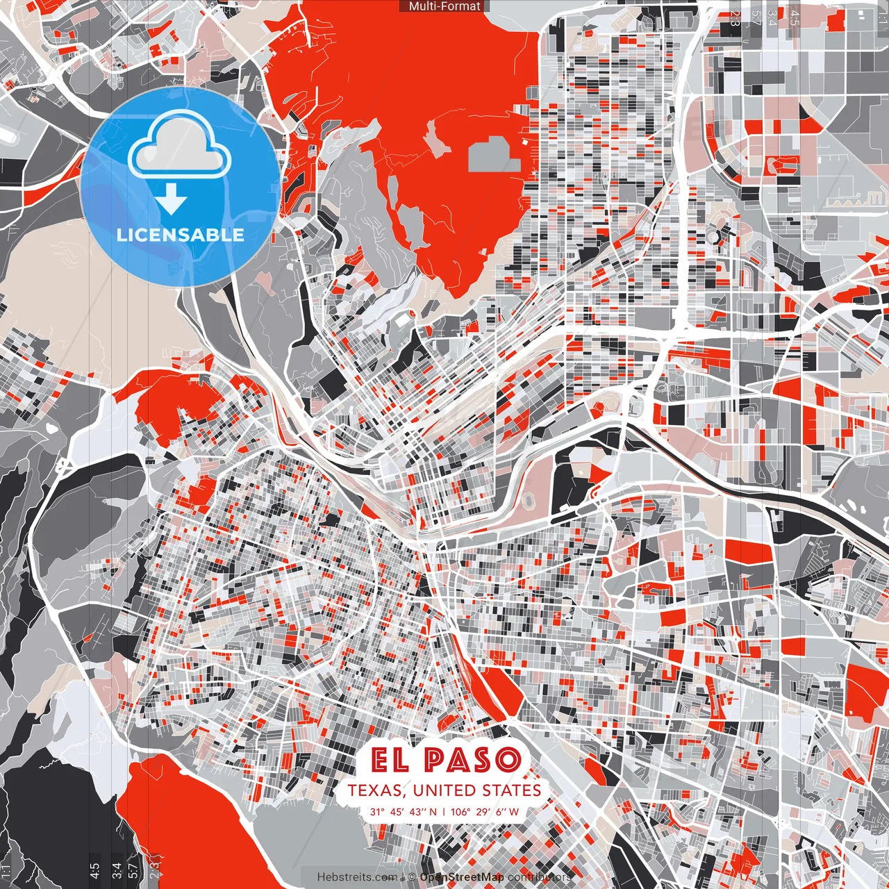 El Paso, Texas, United States - modern street map poster template with gray and red tones